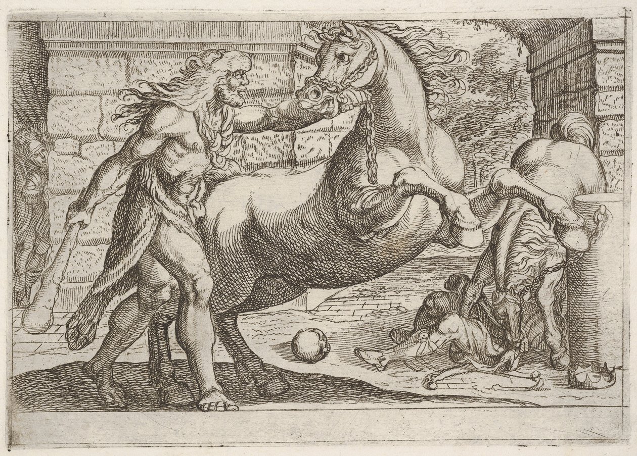 Hercules and the Mares of Diomedes: Hercules griber tøjlen på en opvoksende hest, en sekund..., 1608. af Antonio Tempesta