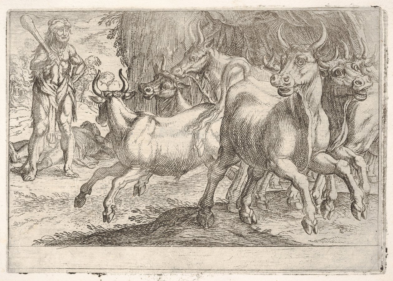Hercules and the Oxen of Geryones: Med en kølle løftet af sin højre hånd konfronterer Hercules..., 1608. af Antonio Tempesta