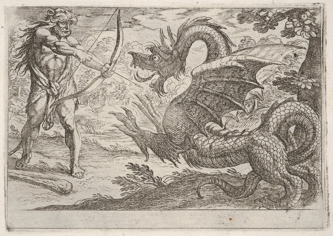 Hercules and the Serpent Ladon: Hercules trækker sin bue, den opdrættende slange dukker op i pro..., 1608. af Antonio Tempesta