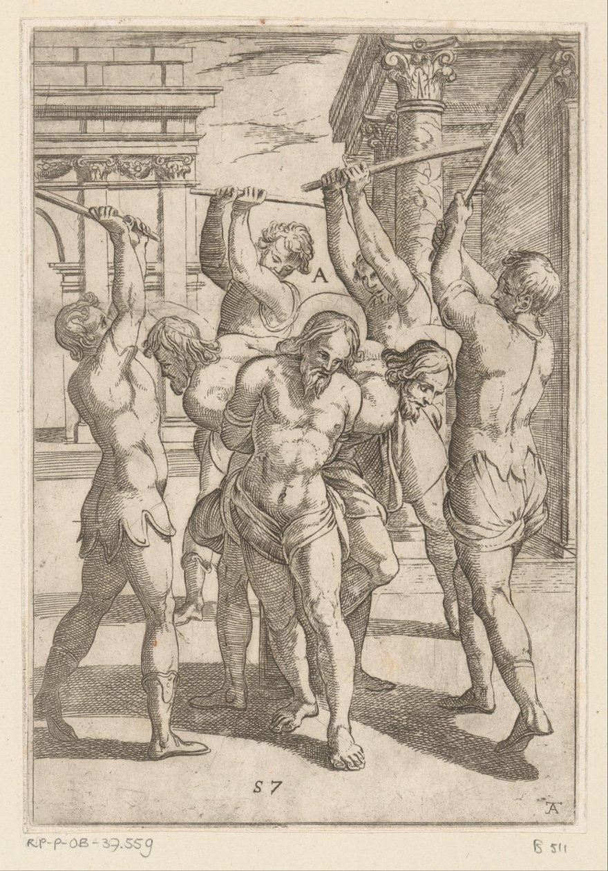 Slag af tre helgener med bundet ryg Tortur udsat af kristne martyrer (serietitel) Varia tormentorum et supplicioru crudelium (...) (serietitel) af Antonio Tempesta