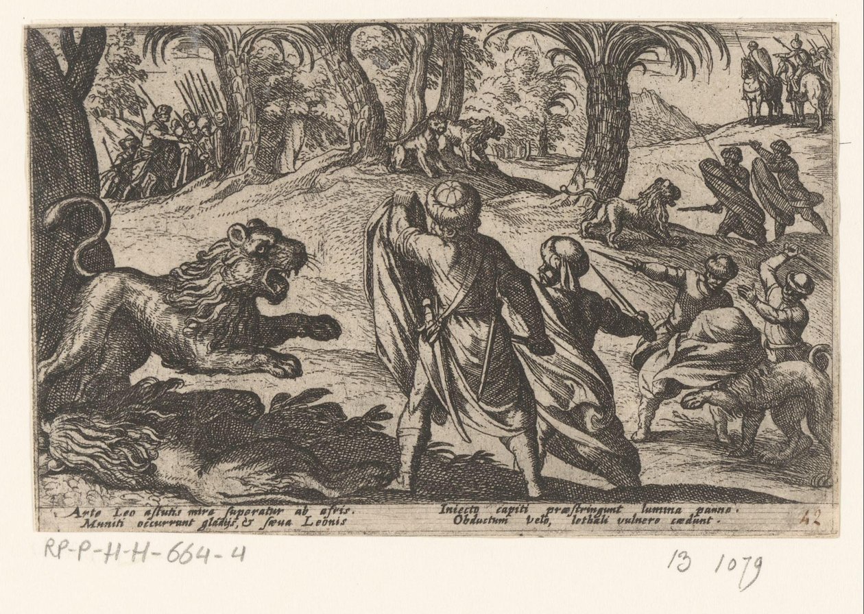 Jacht op leeuwen Diverse jacht- en kampscener (serietitel) Jagt på udyr, fugle og fisk. Dyrenes slag: og gensidige udyr (serietitel) af Antonio Tempesta