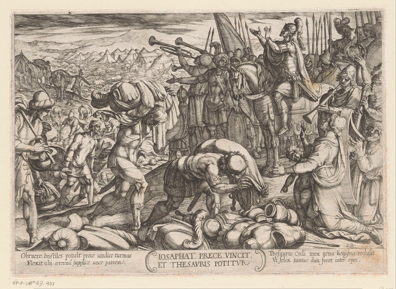 Josafat takker Gud for hans sejr Iosaphat prece vincit et thesauris potitur (titel på objekt) Det Gamle Testamentes kampscener (serietitel) af Antonio Tempesta