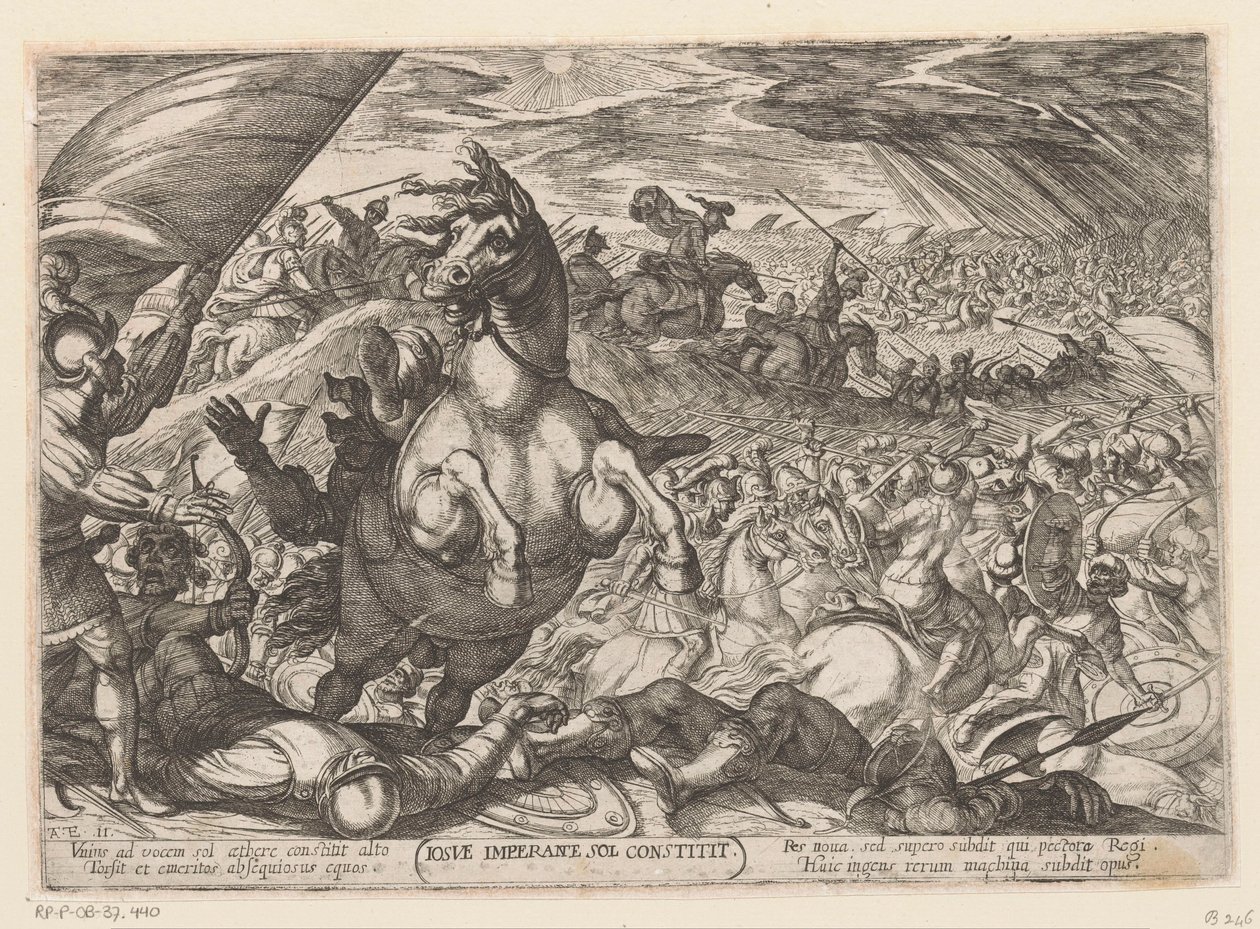 Joshua befaler solen at stå stille Iosue imperante sol constitit (titel på objekt) Det Gamle Testamentes kampscener (serietitel) af Antonio Tempesta