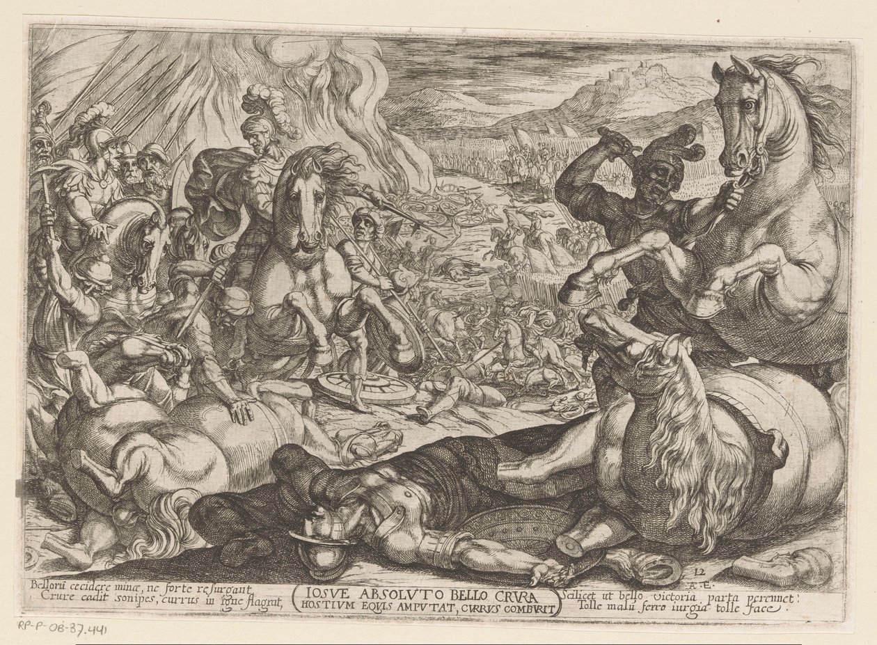 Josva lammer hestene og brænder nationernes vogne Iosue absoluto bello crura hostium equis amputat, currus comburit (titel på objekt) Det Gamle Testamentes kampscener (serietitel) af Antonio Tempesta