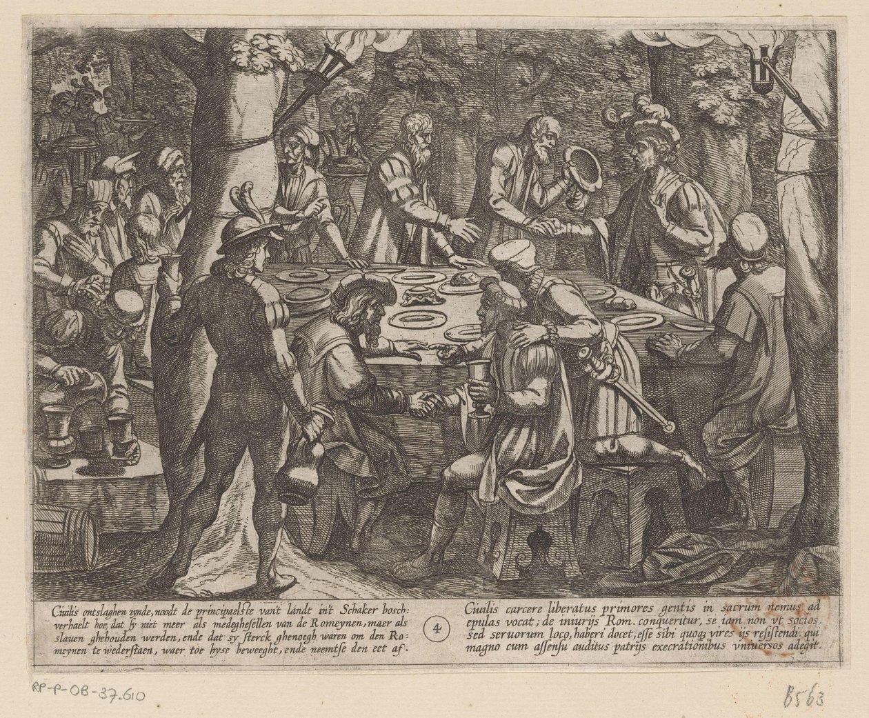 Julius Civilis fortæller de hollandske ældre, at de bliver behandlet som slaver af romerne De bataviske krige mod romerne (serietitel) Batavorum cum Romanis Bellum (serietitel) af Antonio Tempesta