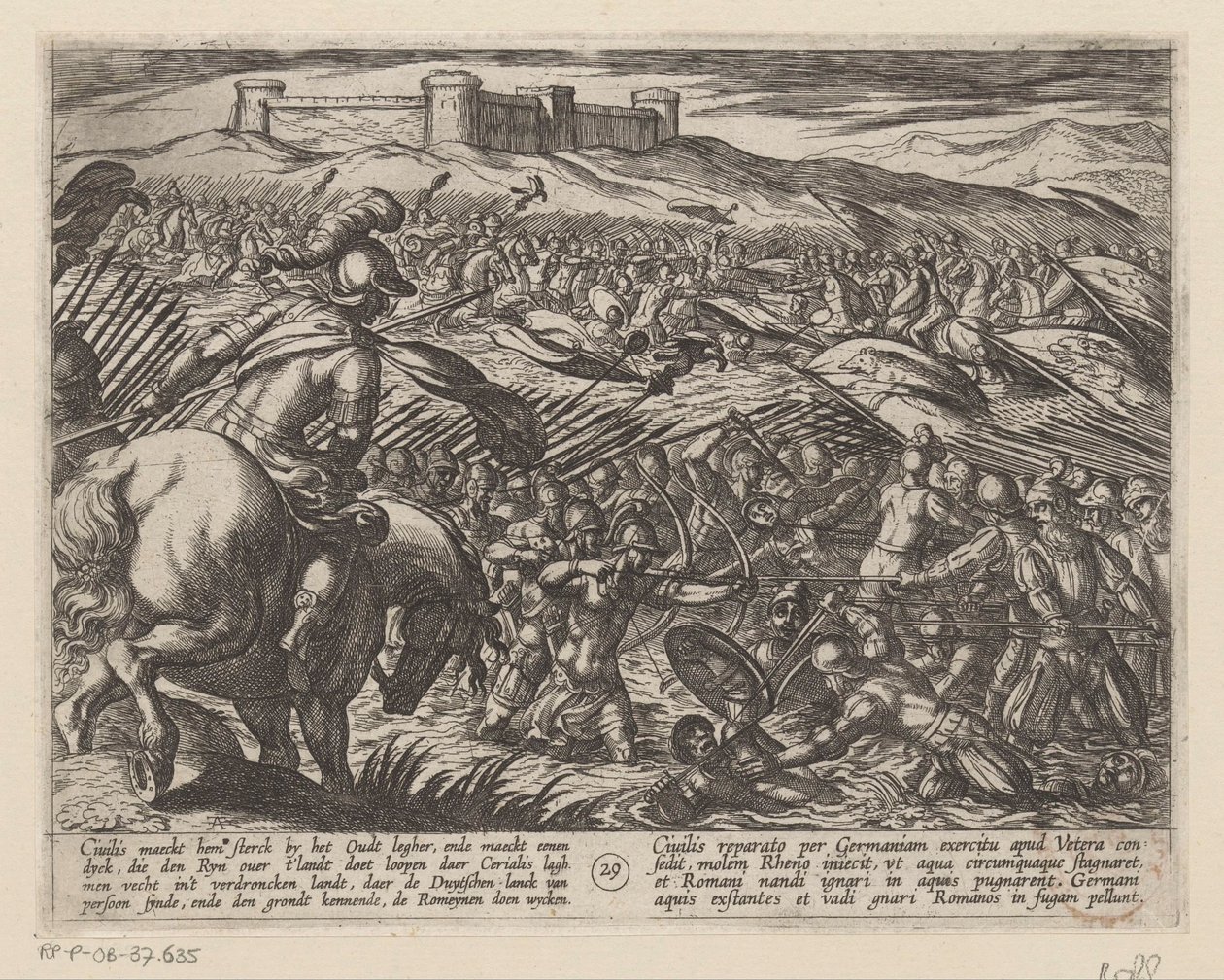 Julius Civilis oversvømmer landet med diger De bataviske krige mod romerne (serietitel) Batavorum cum Romanis Bellum (serietitel) af Antonio Tempesta