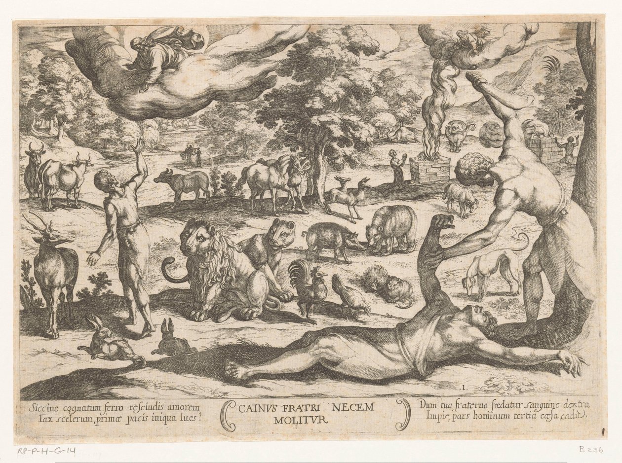 Kain dræber Abel Cainus fratri necem molitur (titel på objekt) Det Gamle Testamentes kampscener (serietitel) af Antonio Tempesta