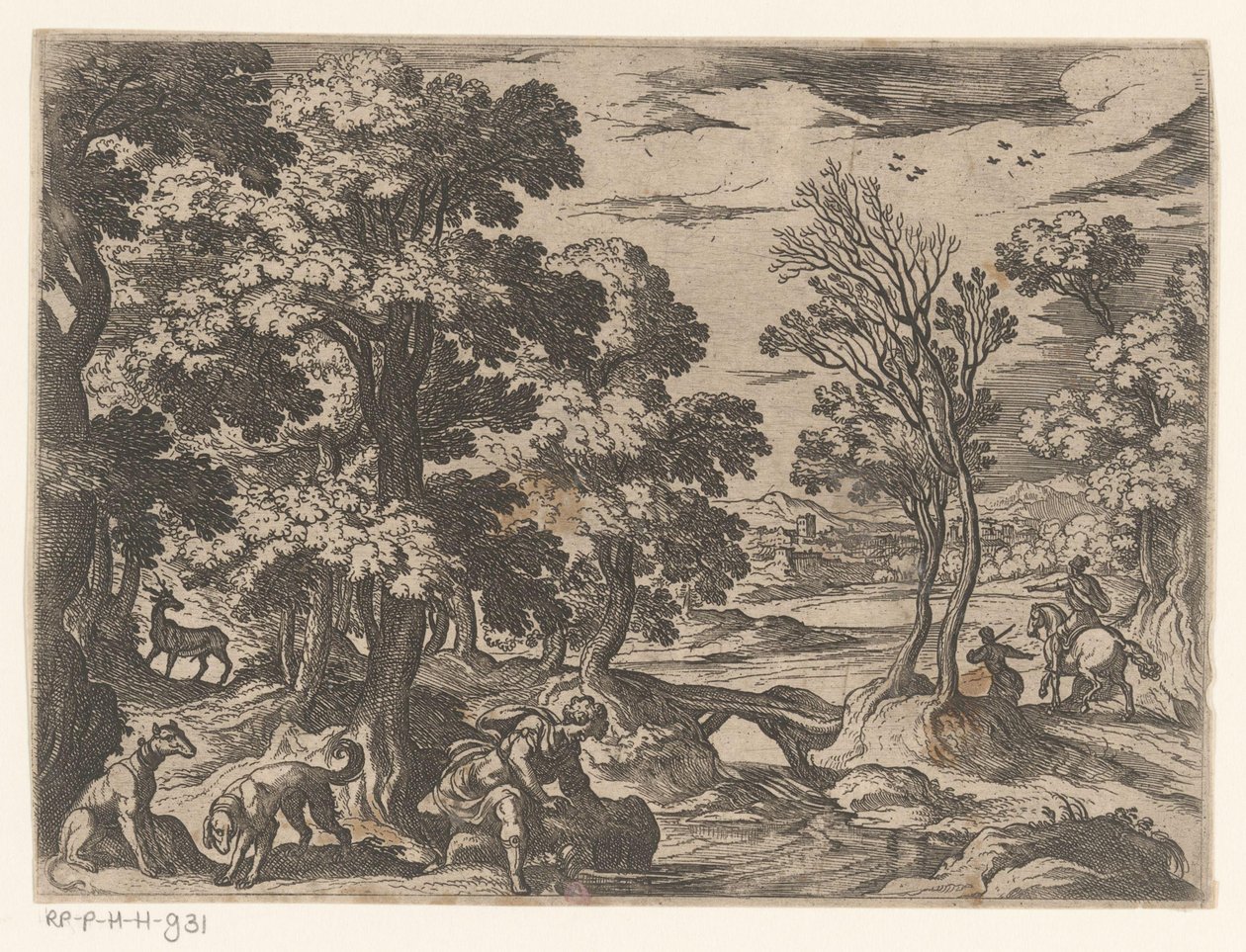 Landskab med Narcissus Landskaber med mytologiske scener (serietitel) af Antonio Tempesta