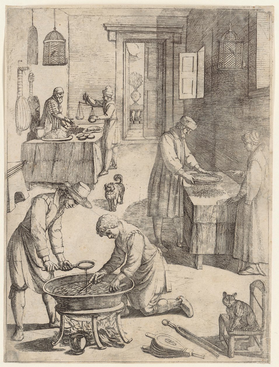 Mænd og kvinder, der vejer, siler og koger bouillon af Antonio Tempesta
