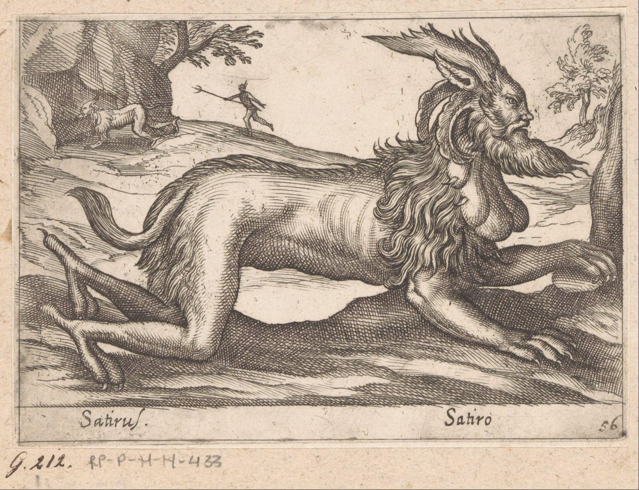 monstrøse væsen Satirus/ Satiro (titel på objekt) Dyr og mytiske væsner (serietitel) Nova raccolta de li animali piu curiosi del mondo (serietitel) af Antonio Tempesta