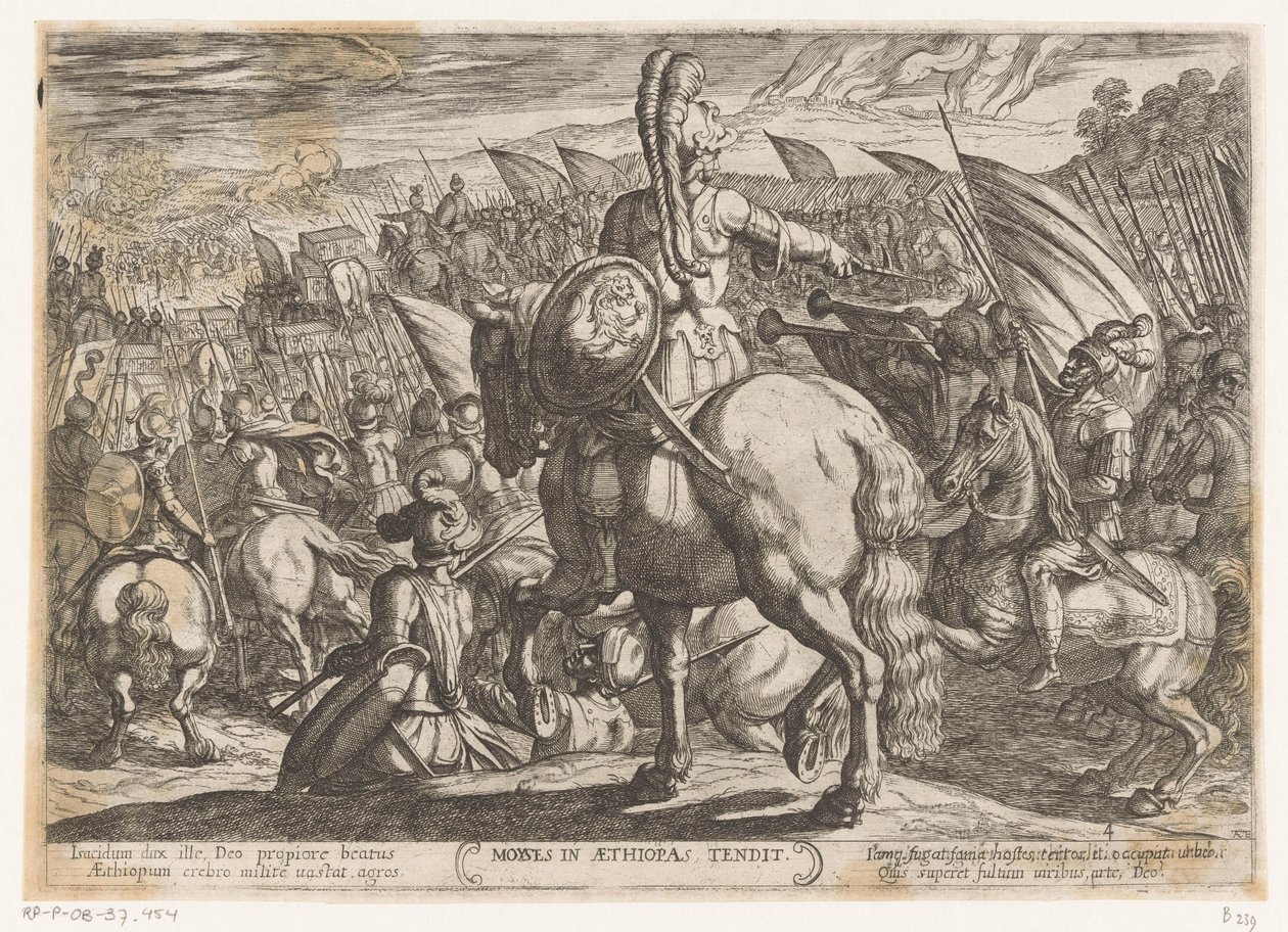 Moses beordrer israelitterne til at angribe etiopierne Moyses i Aethiopas tendit (titel på objekt) Det Gamle Testamentes kampscener (serietitel) af Antonio Tempesta