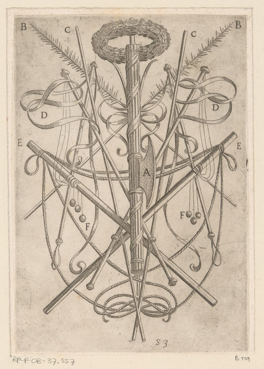 Ornament med torturværktøj Tortur udsat af kristne martyrer (serietitel) Varia tormentorum et supplicioru crudelium (...) (serietitel) af Antonio Tempesta