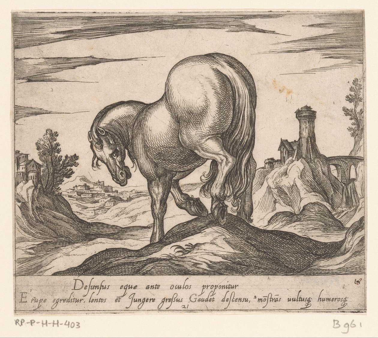 Hest ned ad en bakke set bagfra Heste fra forskellige lande (serietitel) Hans ducibus princeps celebraberis ore viroru illa homines slog haec sideribusq locat (serietitel) af Antonio Tempesta