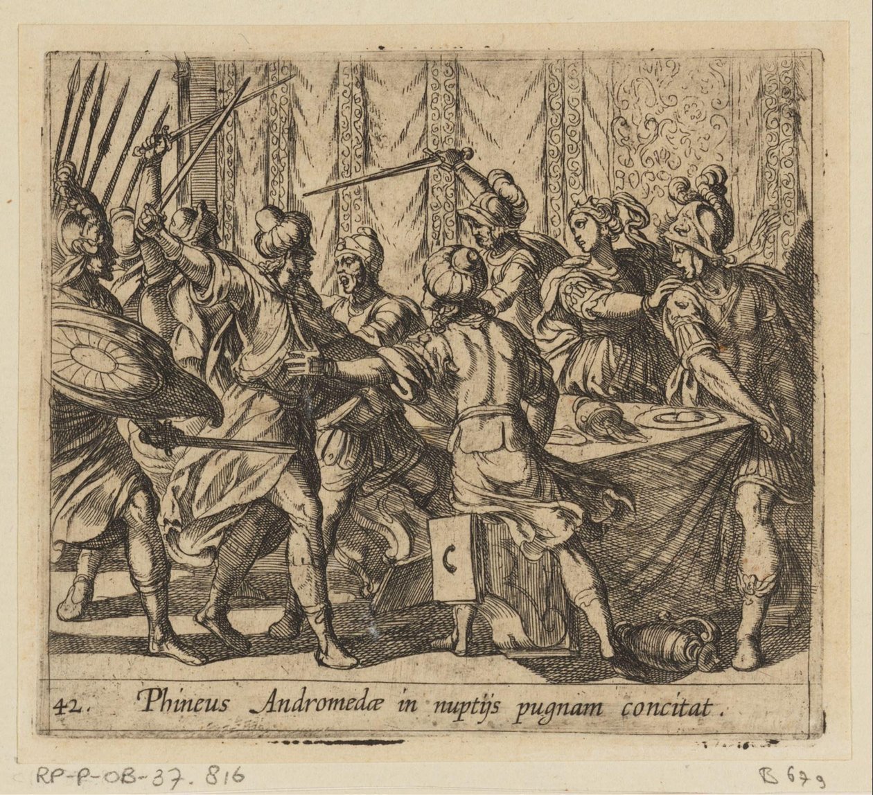 Phineus verstoort brylluppet af Perseus en Andromeda Phineus provokerer Andromeda til at kæmpe ved hendes bryllup (titel på objekt) Metamorfoseon eller transformationer (serietitel) Metamorfosen van Ovidius (serietitel) af Antonio Tempesta
