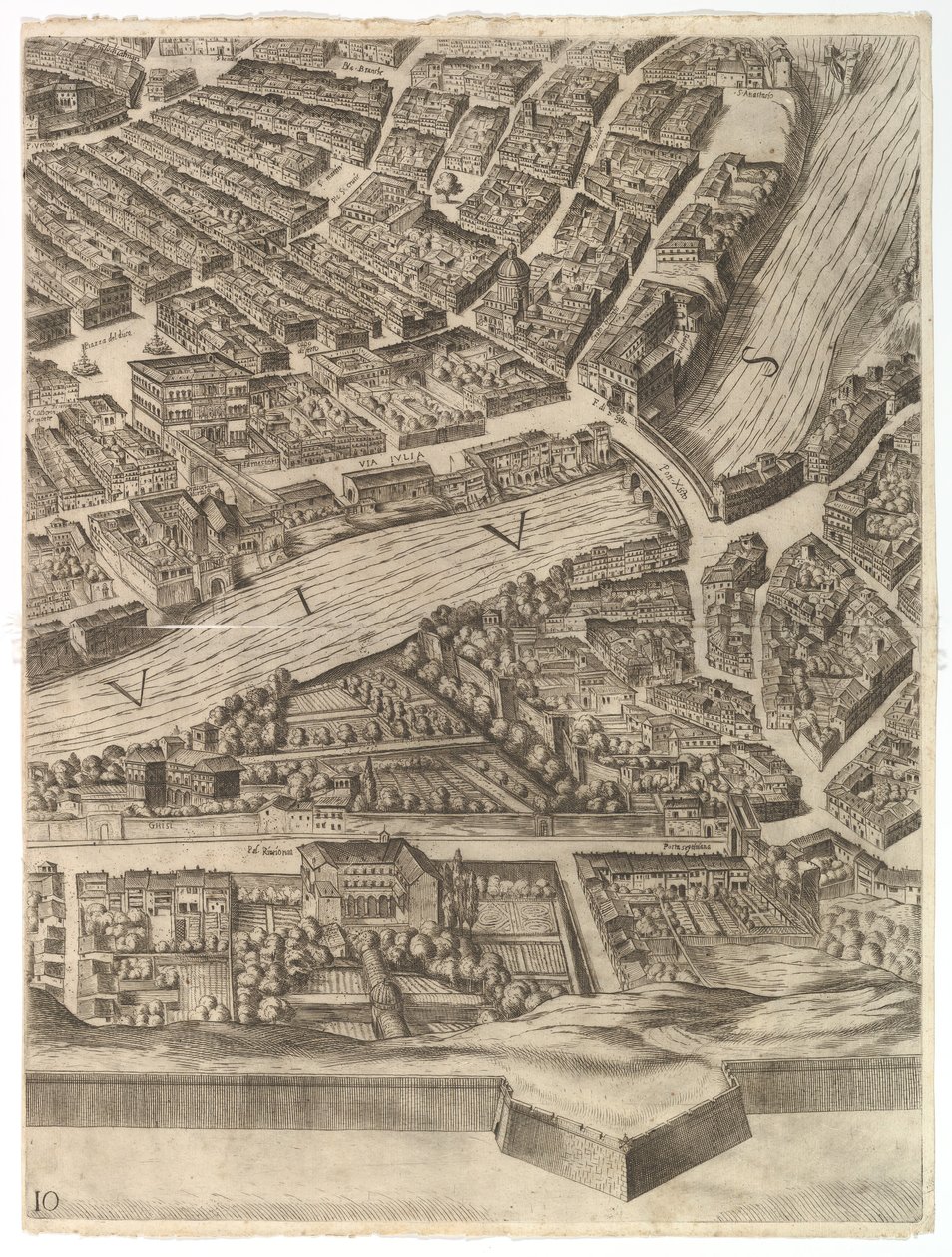 Plan for byen Rom. Del 10 med Tiberen og Villa Farnesina, 1645. af Antonio Tempesta