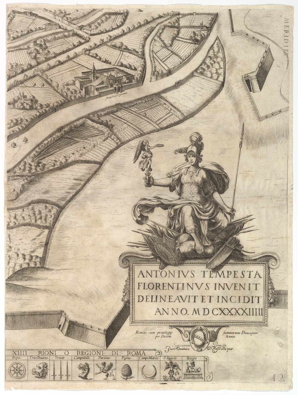 Plan for byen Rom. Del 12 med byens sydvestlige grænse og en stor bil..., 1645. af Antonio Tempesta