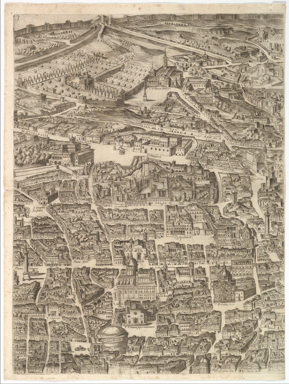 Plan for byen Rom. Del 3 med Santa Maria Maggiore, Pantheon og Trajans ..., 1645. af Antonio Tempesta