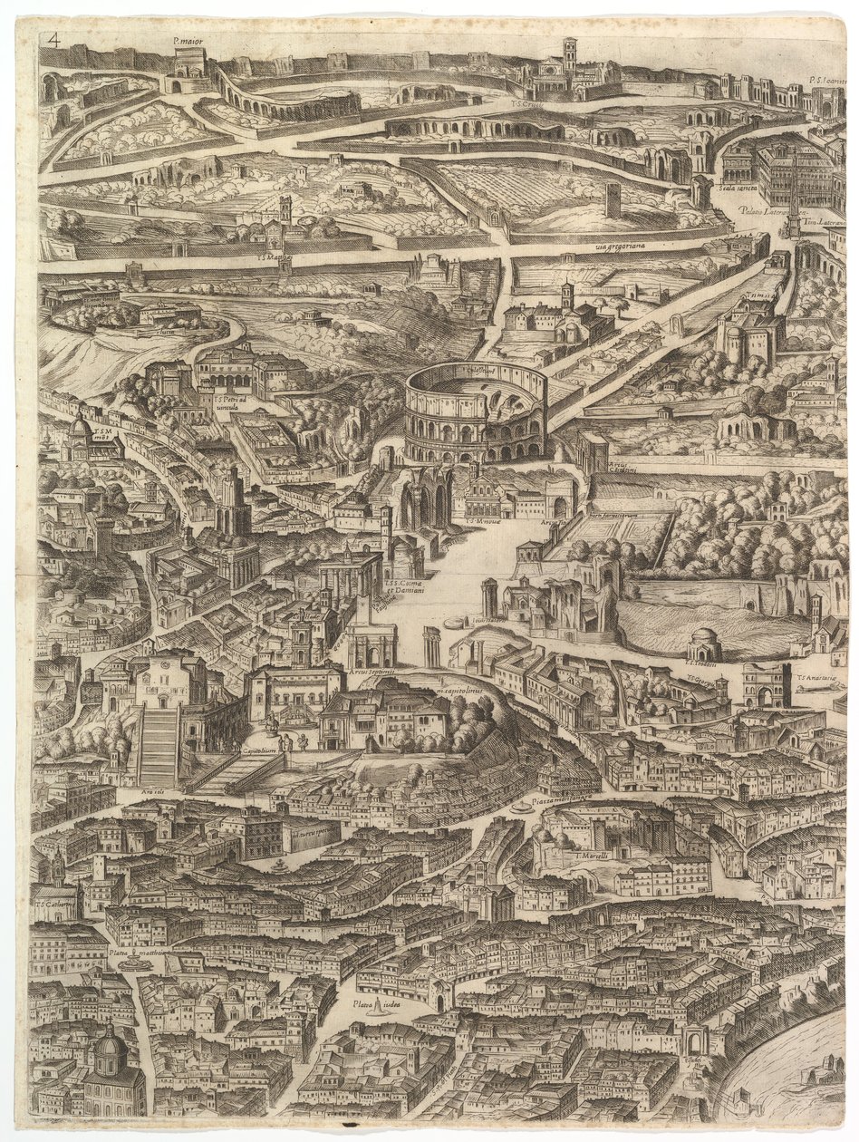 Plan for byen Rom. Del 4 med Santa Maria i Aracoeli, Forum Romanum, ..., 1645. af Antonio Tempesta