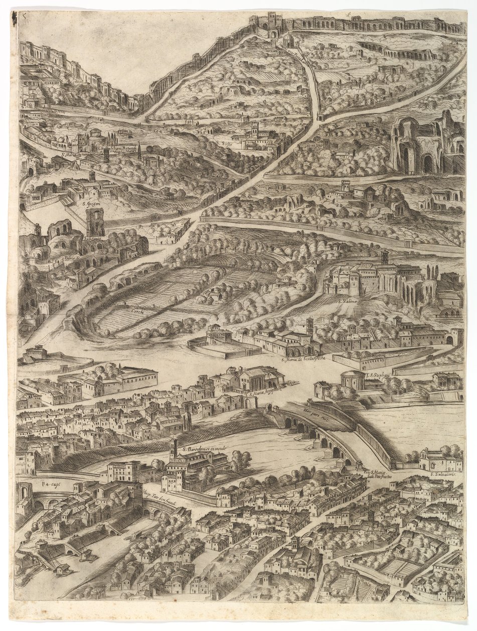 Plan for byen Rom. Del 5 med Caracalla-badene, Santa Sabina og en del af..., 1645. af Antonio Tempesta