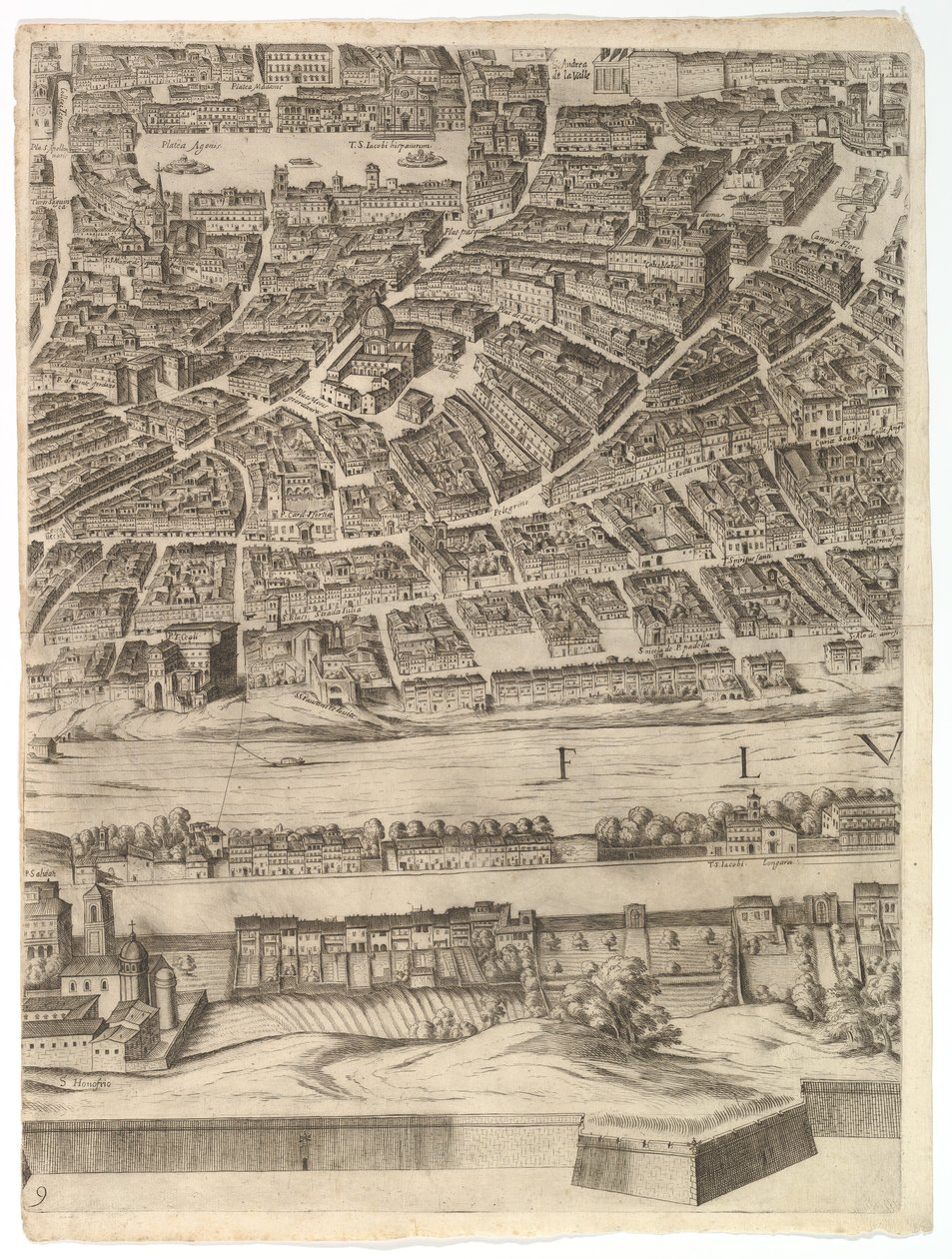 Plan over byen Rom: ark 9 med Piazza Navona, Campo di Fiore og Sant..., 1645. af Antonio Tempesta