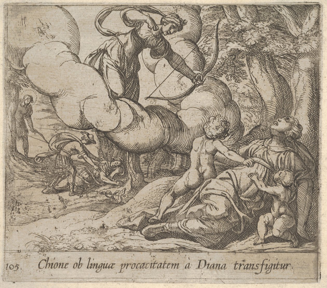 Plade 105: Diana retter sin bue mod Chione, som er ledsaget af to børn, i en anden..., 1606. af Antonio Tempesta