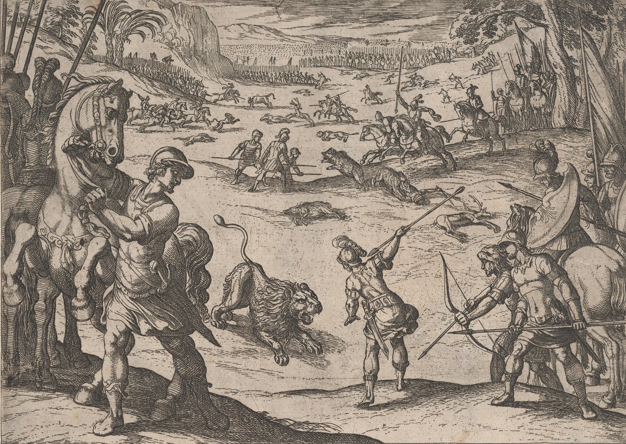 Plade 11: Alexanders Løvejagt, fra Alexander den Stores Gerninger, 1608., af Antonio Tempesta