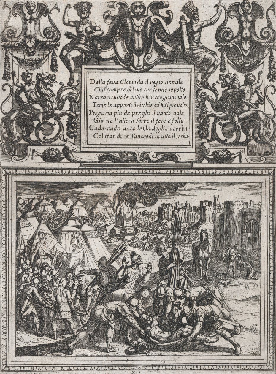 Tavle 12: Illustration til Canto XII, fra Torquato Tassos Gerusalemme liberata ..., ca. 1590-1630. af Antonio Tempesta