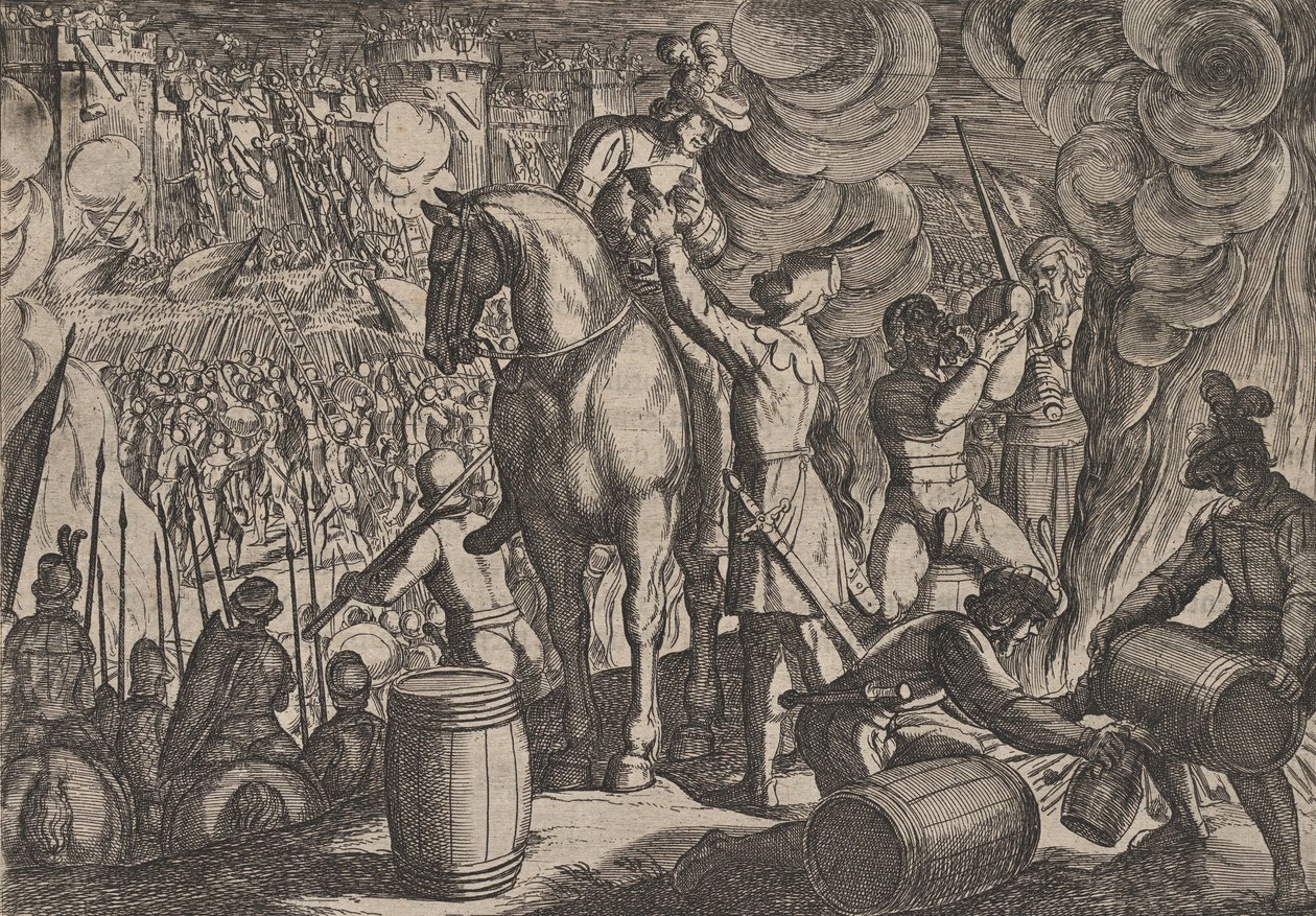Plade 13: Angreb på den romerske fæstning om natten, fra The War of the Romans Against the Ba..., 1611. af Antonio Tempesta