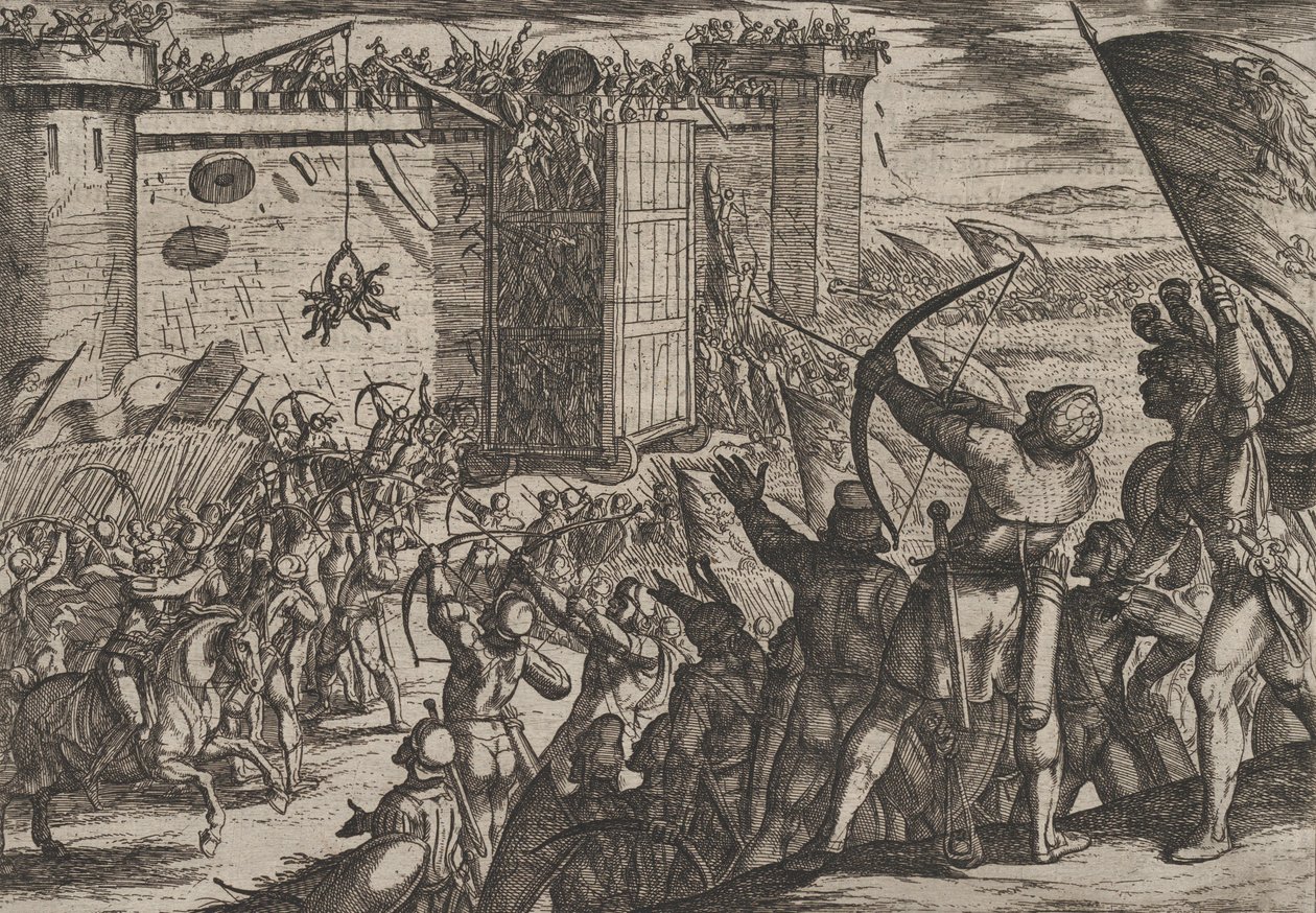 Plade 14: Nyt angreb på den gamle fæstning, fra The War of the Romans Against the Batavians..., 1611. af Antonio Tempesta