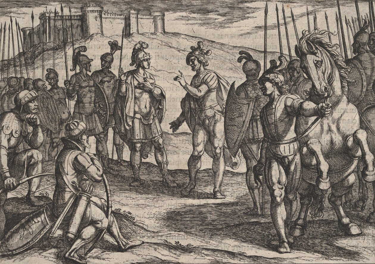 Plade 15: Civilis Treating with a Roman Commander, fra The War of the Romans Against the ..., 1611. af Antonio Tempesta