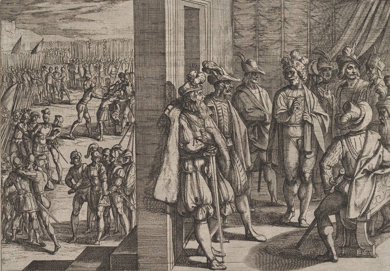 Plade 18: Civilis hemmelige møde med andre ledere fra Trier, fra The War of the Rom..., 1611. af Antonio Tempesta