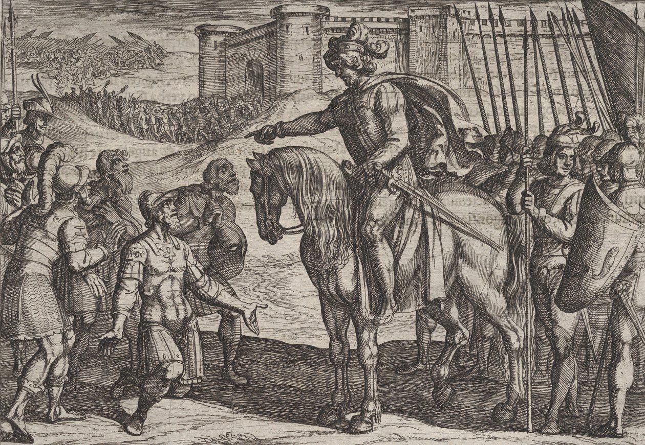 Plade 19: Mænd fra fæstningen overgiver sig og lover deres liv til Civilis, fra krigen ..., 1611. af Antonio Tempesta