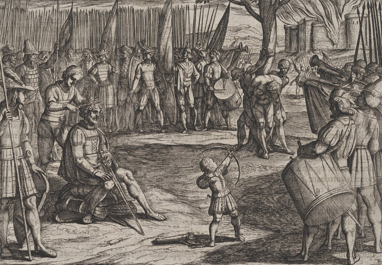 Plade 20: Civilis, der klipper sit hår, fra The War of the Romans Against the Batavians R..., 1611. af Antonio Tempesta