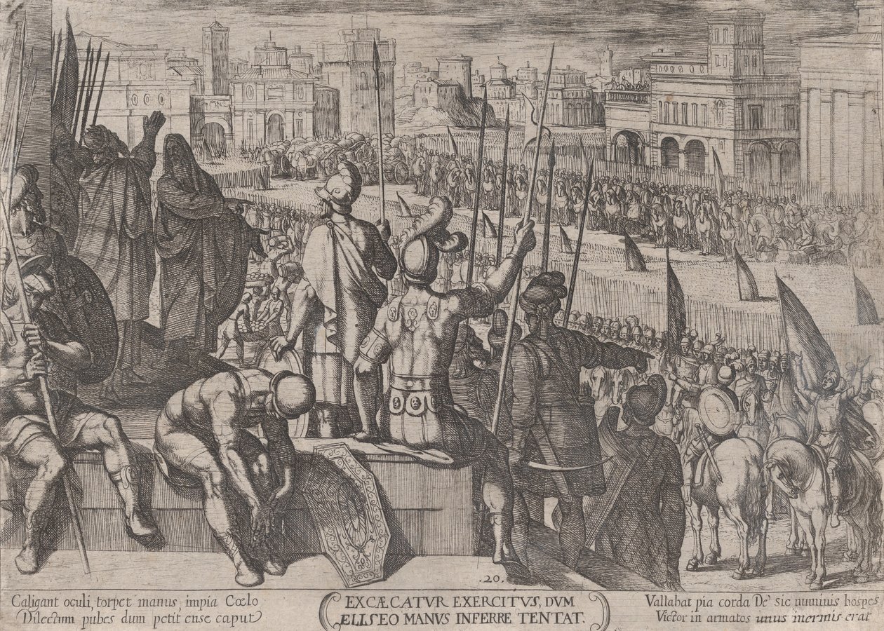 Plade 20: Elisha bringer den blindede syriske hær til Israels konge, fra..., ca. 1590-ca. 1610. af Antonio Tempesta