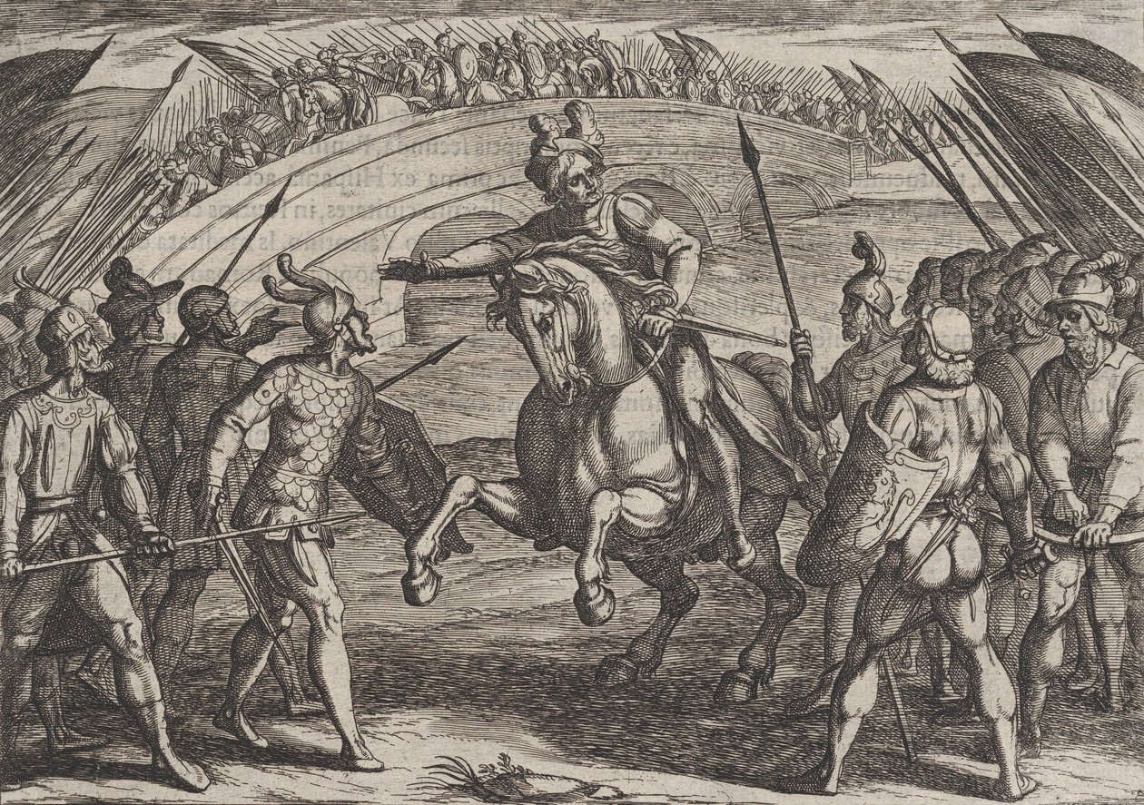 Plade 22: Civilis adskiller tyske og hollandske tropper, fra The War of the Romans Against th..., 1611. af Antonio Tempesta
