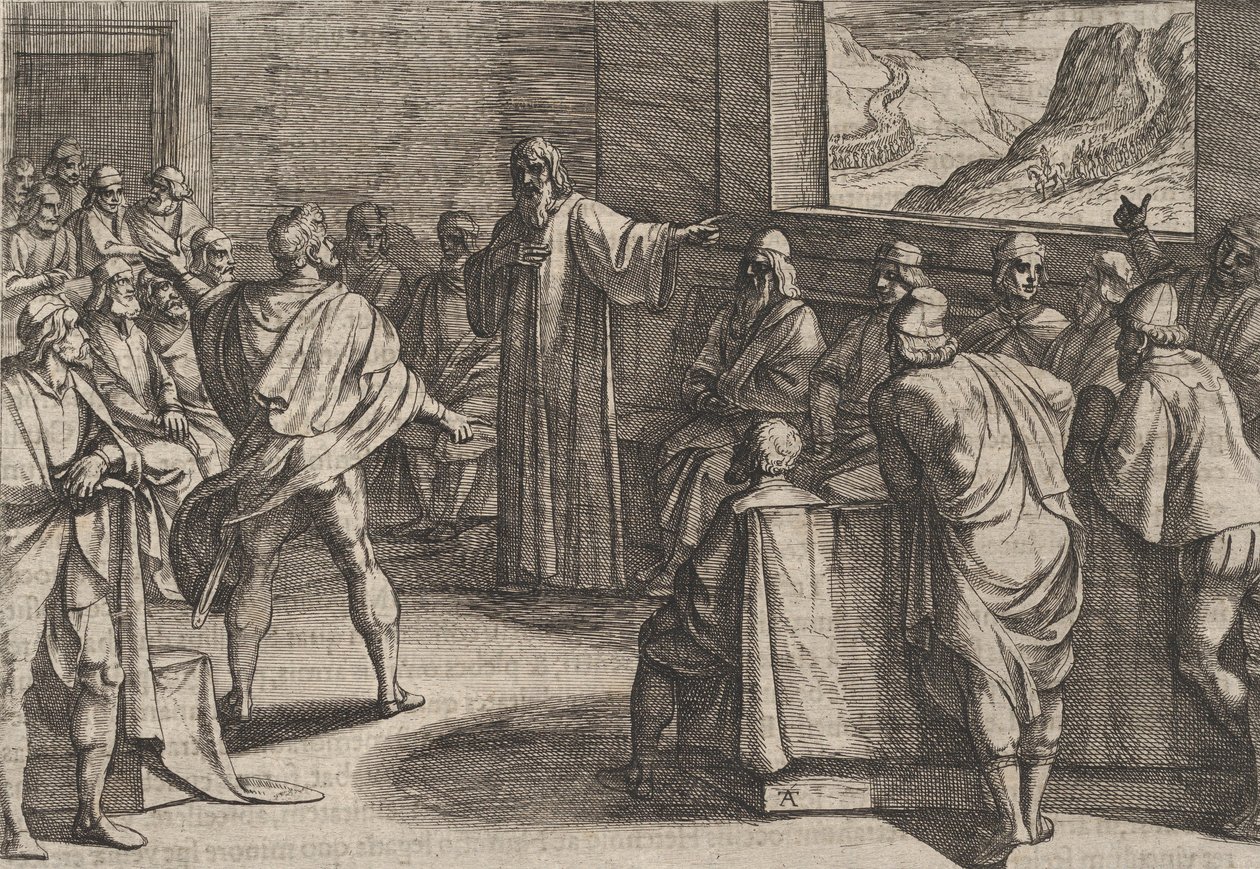 Plade 23: Konference om, hvilke skridt der skal tages over for romernes nye tropper, der nærmer sig ..., 1611. af Antonio Tempesta