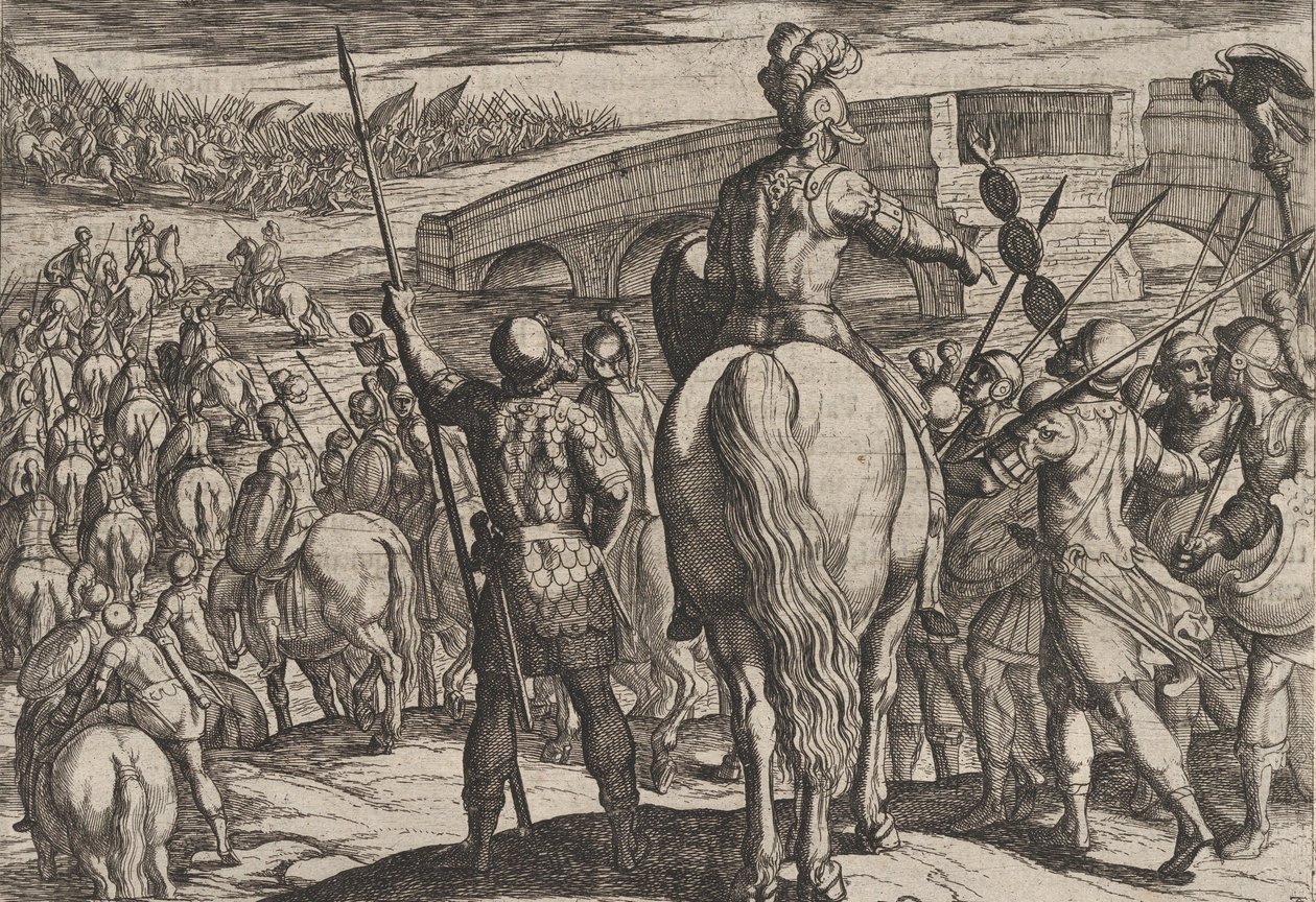 Plade 24: De nye romerske troppers fremskudsvagt vendte tilbage, fra The War of the Roman..., 1611. af Antonio Tempesta