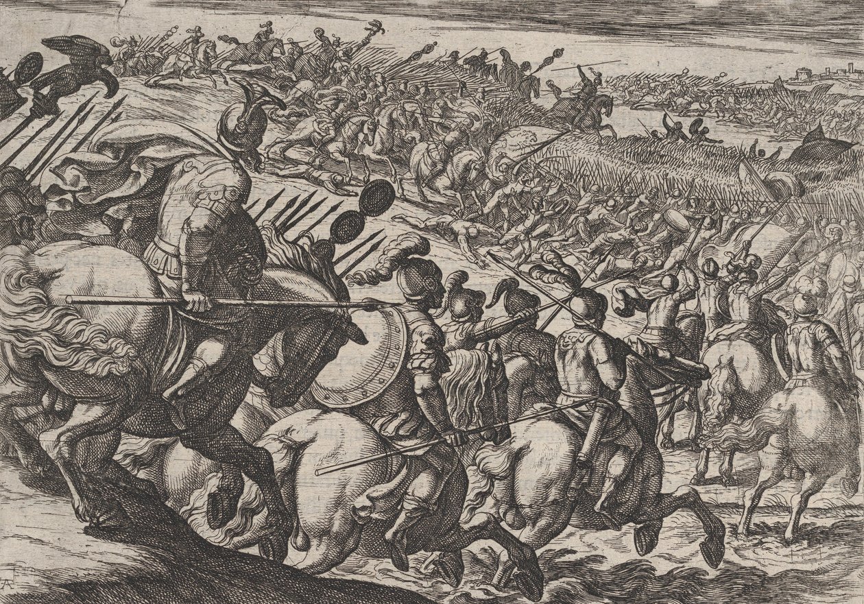 Plade 25: Den romerske kommandør Cerialis angreb nær Trier, fra The War of the Romans Agai..., 1611. af Antonio Tempesta
