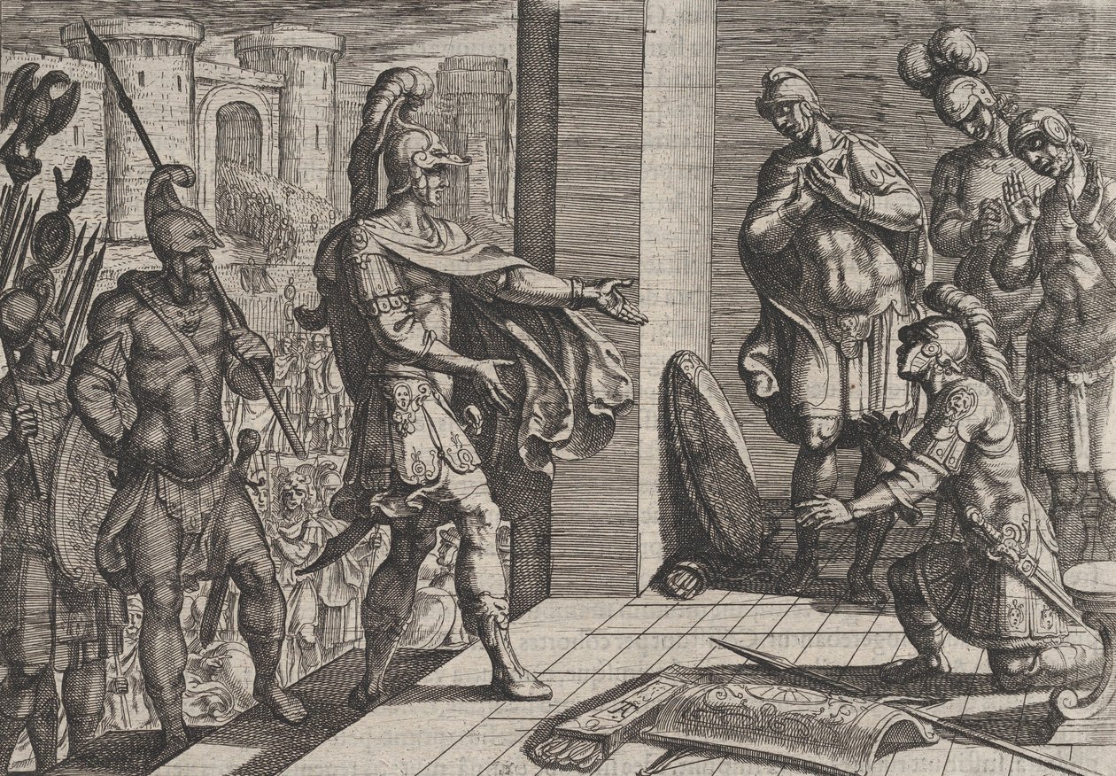 Plade 26: Cerialis benåder og aflaster romerske soldater, der havde hjulpet Civilis, fra The Wa..., 1611. af Antonio Tempesta