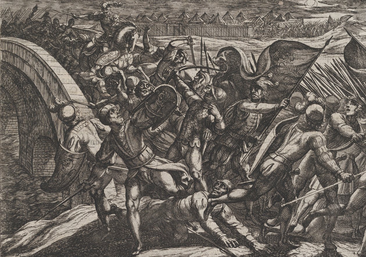 Plade 27: Hollænderne under et overraskende angreb af den romerske lejr ved Mosel, fra The Wa..., 1611. af Antonio Tempesta