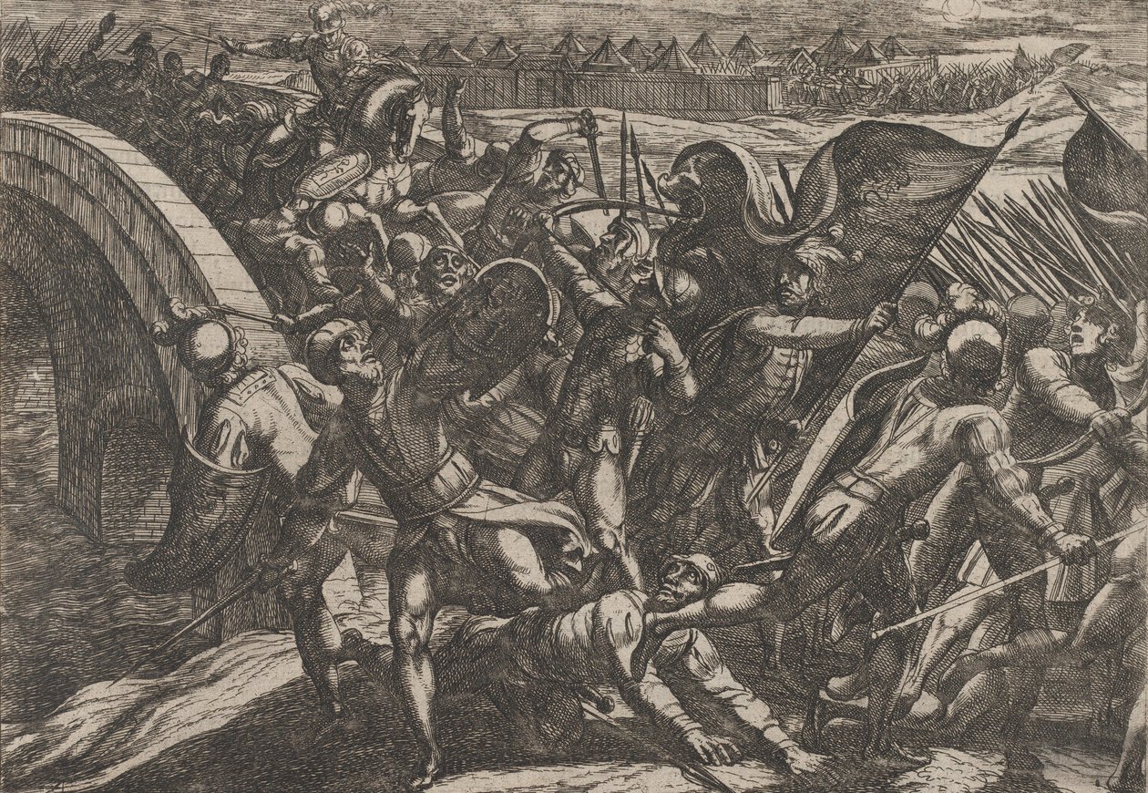 Plade 27: Hollænderne under et overraskende angreb af den romerske lejr ved Mosel, fra The Wa..., 1611. af Antonio Tempesta