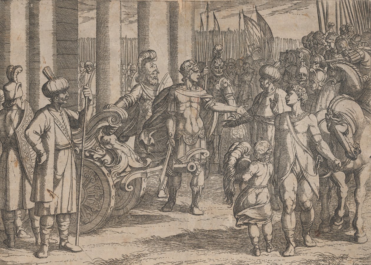 Plade 2: Alexander Cutting the Gordian Knot, fra The Deeds of Alexander the Great, 1608., af Antonio Tempesta