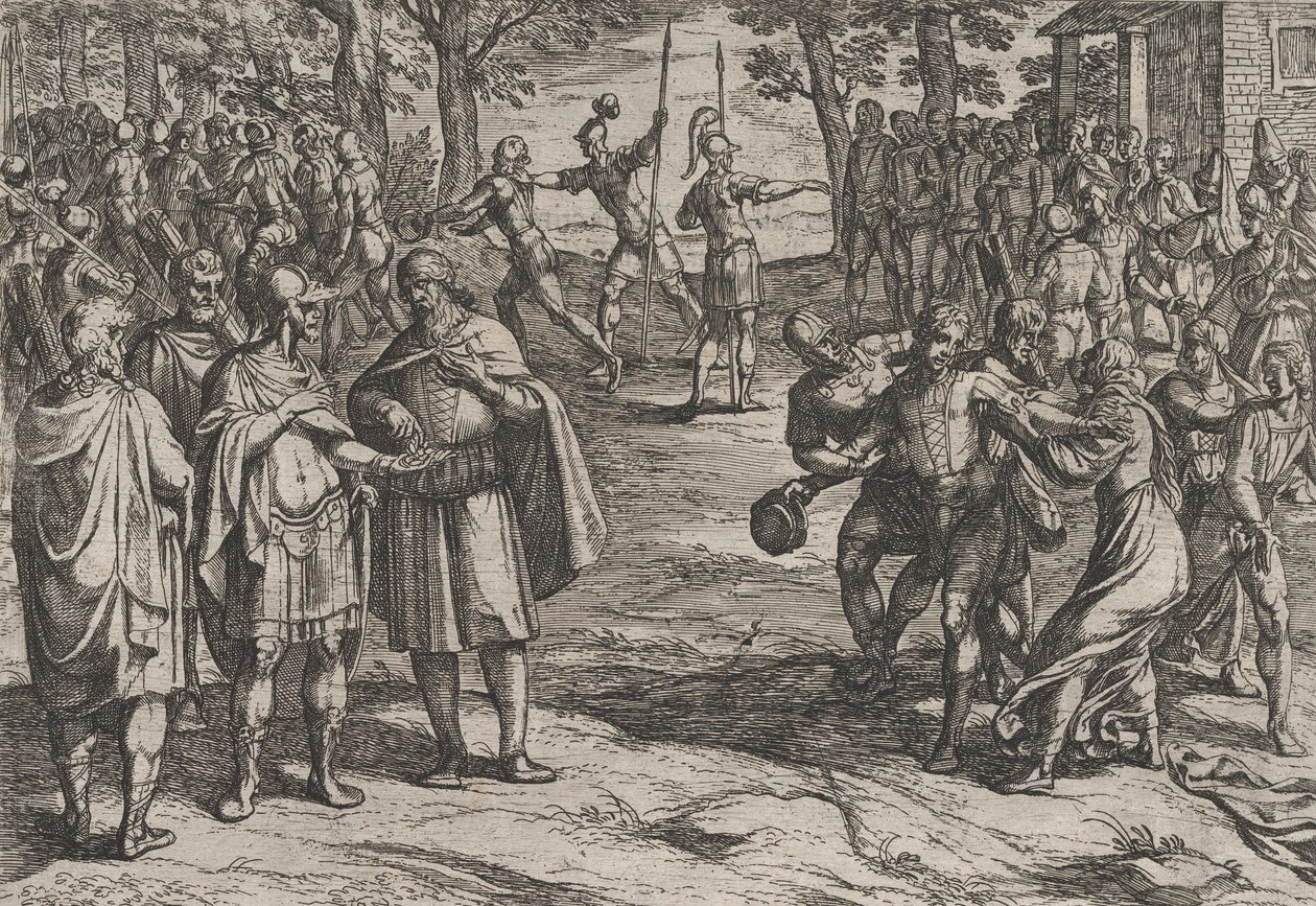 Plade 2: Romerne tager gamle hollandske mænd som gidsler og forfører unge, fra krigen..., 1611. af Antonio Tempesta