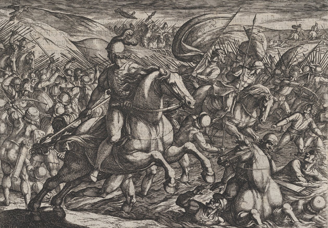 Plade 30: Cerialis driver hollænderne ind i Rhinen, fra The War of the Romans Against th..., 1611. af Antonio Tempesta