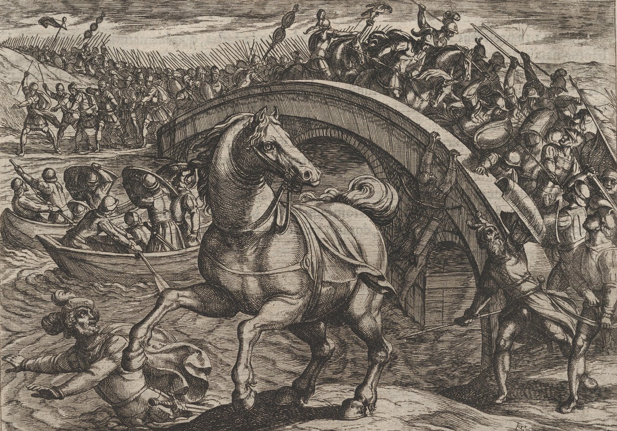 Plade 31: Civilis tvunget til at stige af og svømme over floden, fra The War of the Romans..., 1611. af Antonio Tempesta