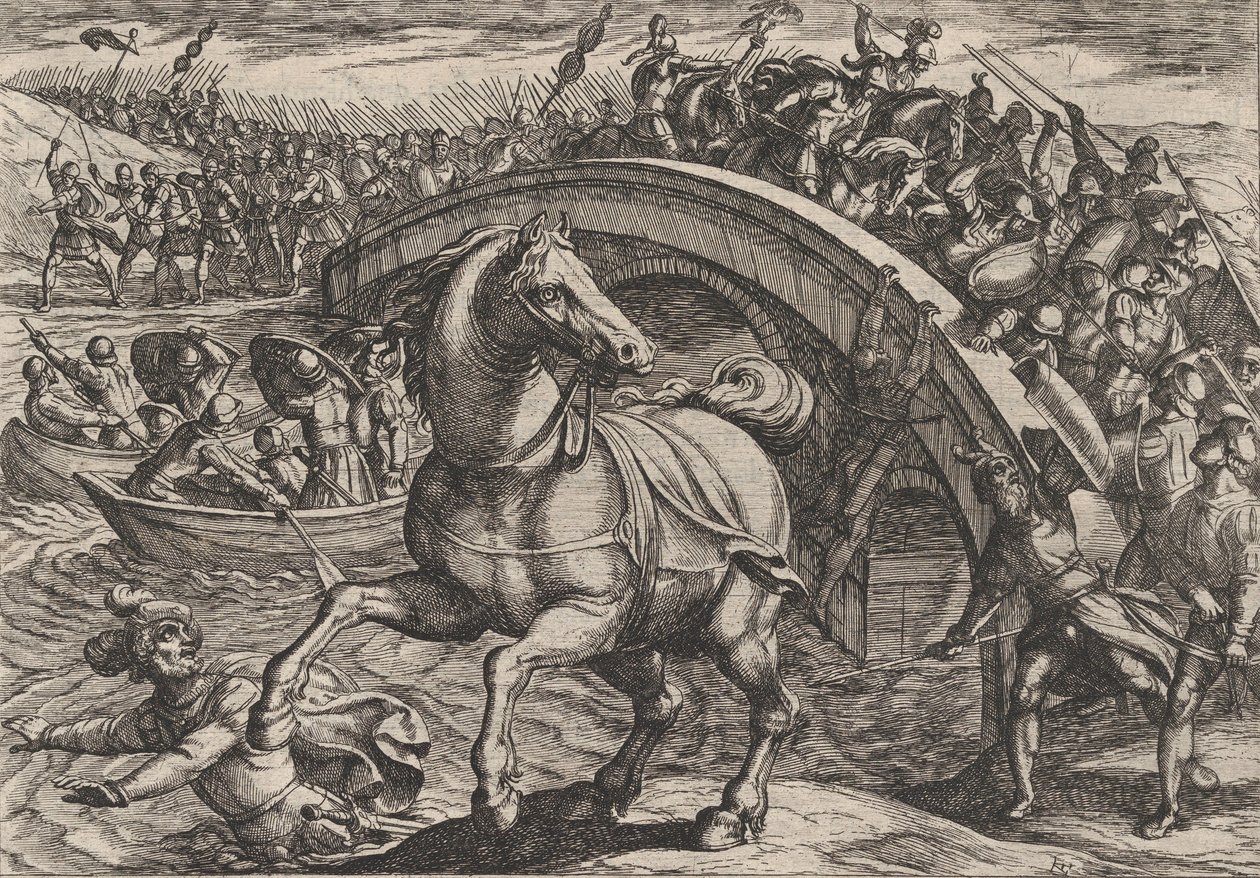 Plade 31: Civilis tvunget til at stige af og svømme over floden, fra The War of the Romans..., 1611. af Antonio Tempesta