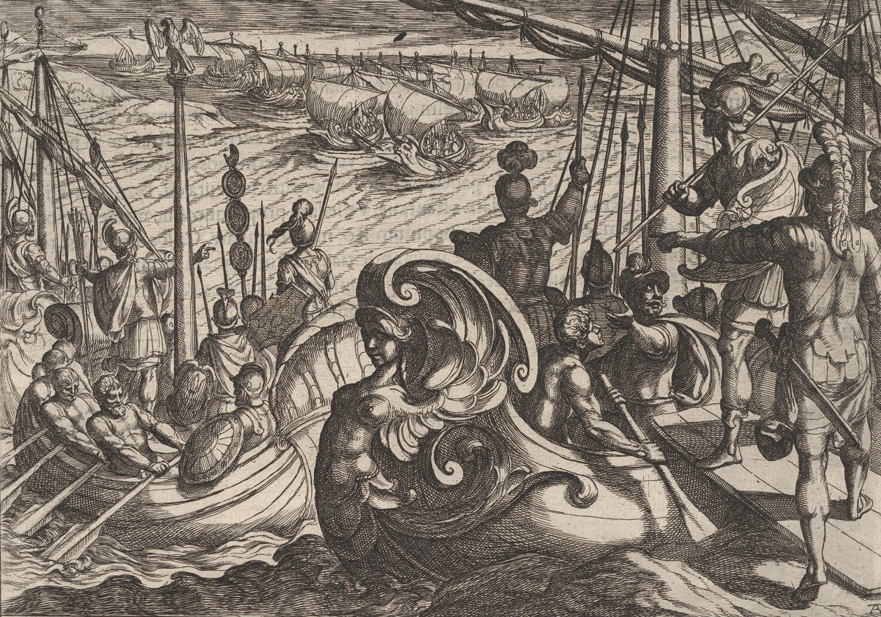 Plade 33: Hollandske og romerske flotiller på Rhinen, fra The War of the Romans Against the B..., 1611. af Antonio Tempesta