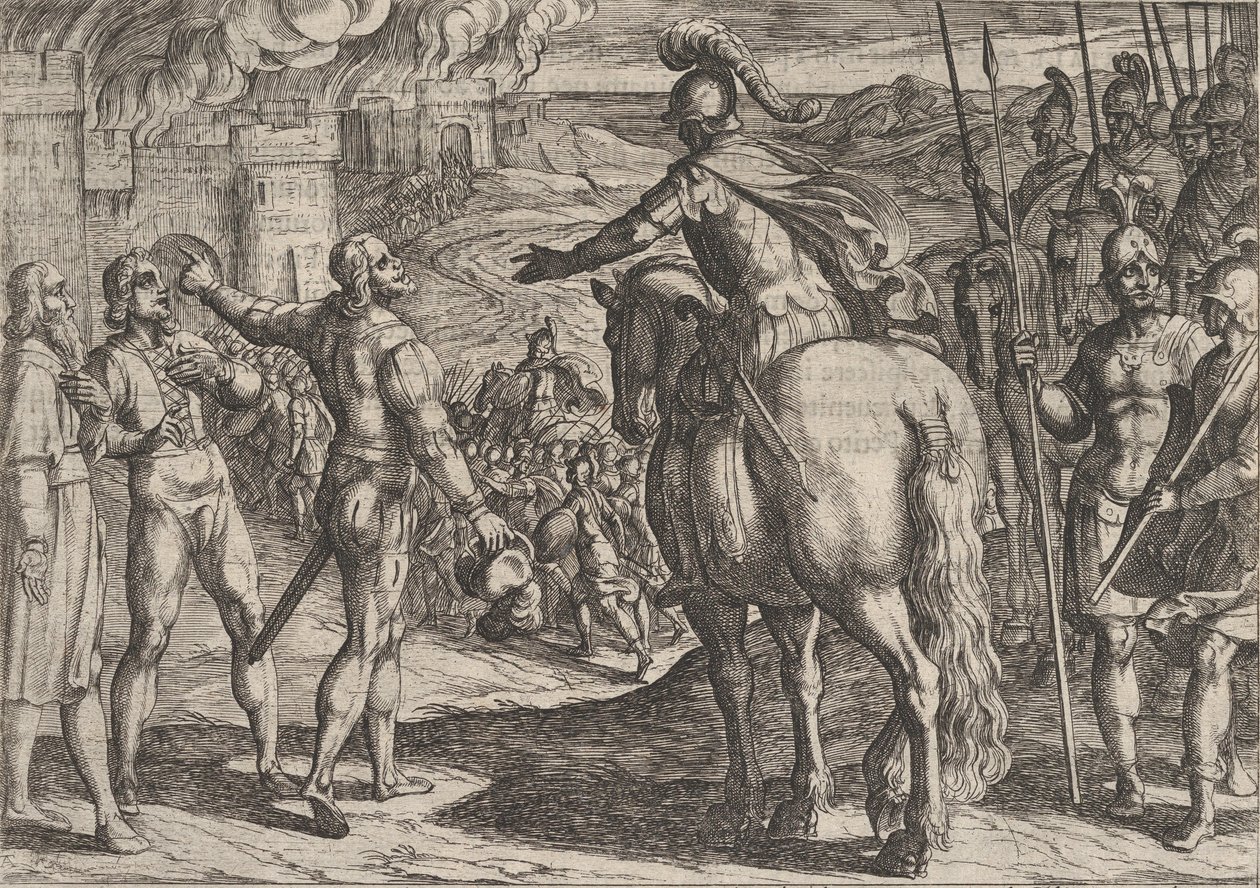 Plade 34: Romerne brænder det hollandske landskab, fra The War of the Romans Against the..., 1611. af Antonio Tempesta