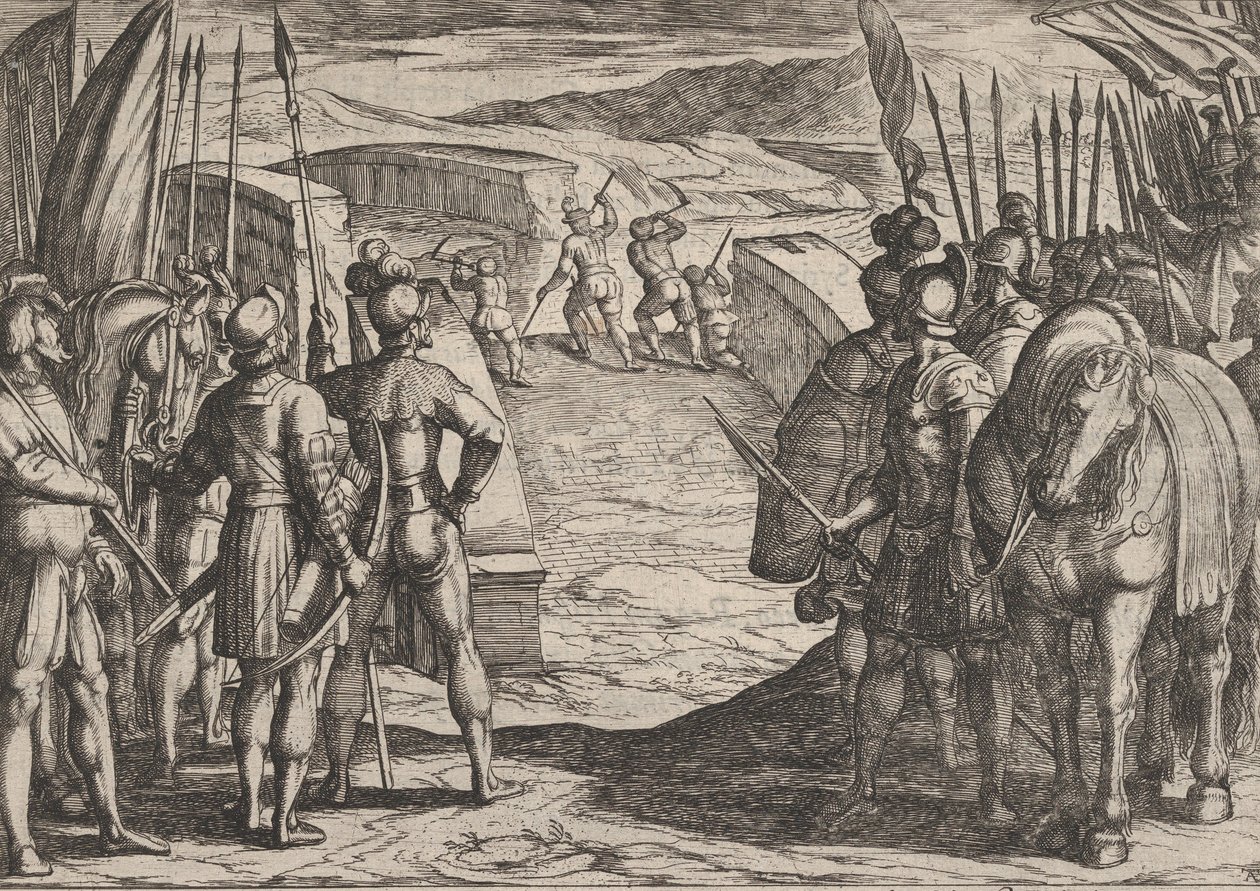 Plade 35: Bataverne bliver bange og begynder fredssamtaler, fra The War of the Romans Ag..., 1611. af Antonio Tempesta