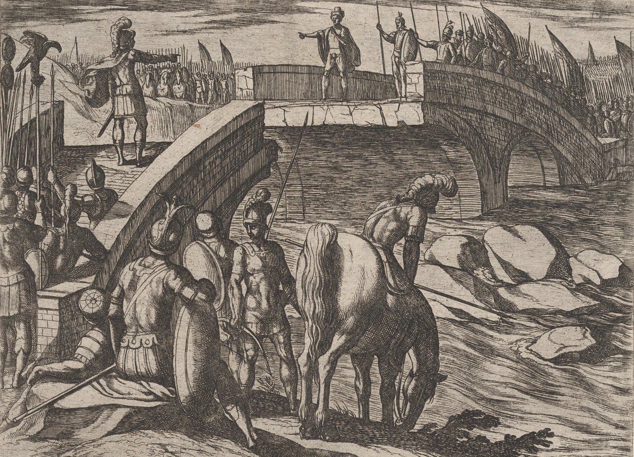 Plade 36: Civilis og Cerialis mødes på en knust bro for at nå til enighed, fra The War of..., 1611. af Antonio Tempesta